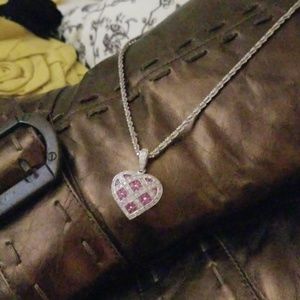Diamond & Pink Sapphire Heart Necklace 14K Gold